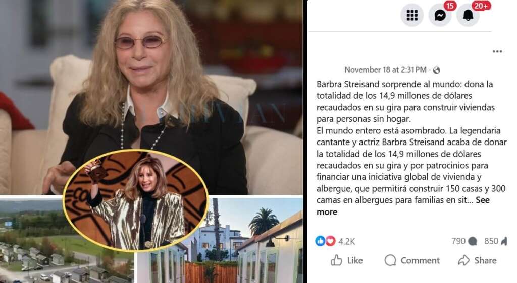 Captura de pantalla de la versión en español del bulo que atribuye a Barbra Streisand una donación millonaria para construir viviendas para personas sin hogar