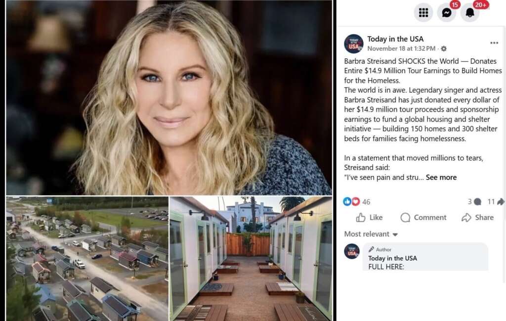 Captura de pantalla de la versión en inglés del bulo que atribuye a Barbra Streisand una donación millonaria para construir viviendas para personas sin hogar