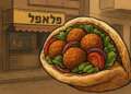 Ilustración de un falafel en pan pita en primer plano, con un puesto callejero de fondo, usada para explicar el Índice del Falafel en Israel