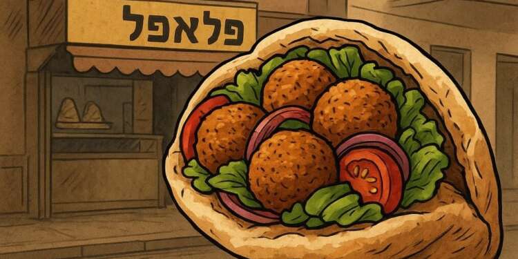 Ilustración de un falafel en pan pita en primer plano, con un puesto callejero de fondo, usada para explicar el Índice del Falafel en Israel