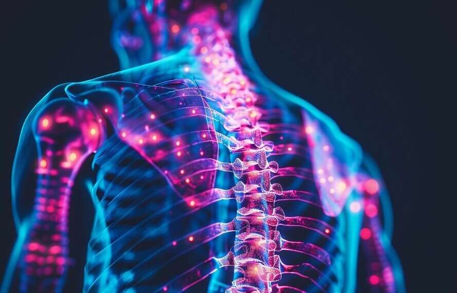 Representación conceptual de un cuerpo humano con sistema nervioso, ilustrando investigación en Israel sobre implantes neuronales para revertir la parálisis