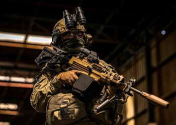 Un soldado sosteniendo un fusil con silenciador impreso en 3D producido por IWI, la empresa conocida por las Uzi