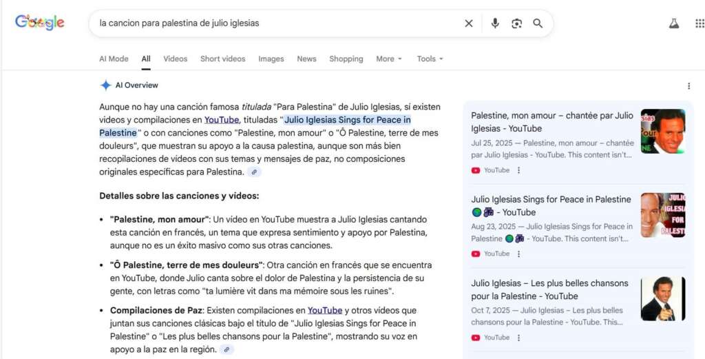 Captura de pantalla de la respuesta de IA Overview de Google sobre la supuesta canción de Julio Iglesias para Palestina