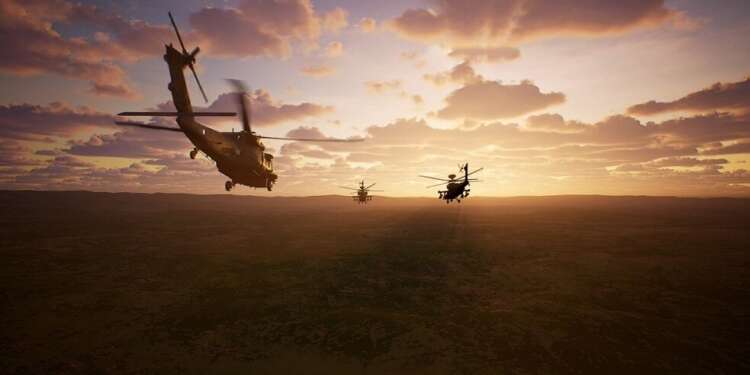 Helicópteros militares volando al atardecer equipados con tecnología de Elbit Systems