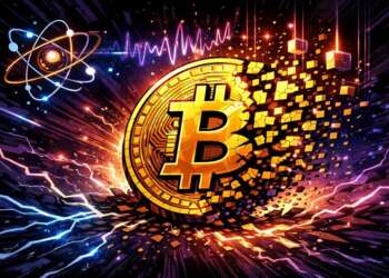 Ilustración estilo cómic de Bitcoin desintegrándose, que simboliza el riesgo de que la computación cuántica evapore billones de dólares en criptomonedas